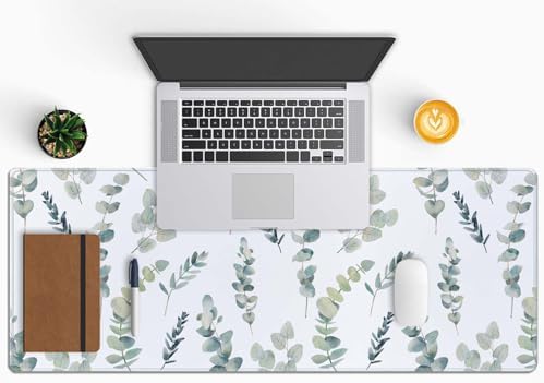 Gaming Large Mouse Pad with Stitched Edges, Watercolor Eucalyptus Branches Pattern Desk Mat, Extended Keyboard Pad, Non-Slip Rubber Base Desk Pad for Keyboard and Mouse, 31.5X11.8 inch