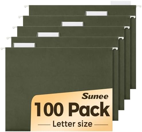 SUNEE Hanging File Folders, 100 Pack Reinforced Hang Folders Letter Size, Adjustable 1/5-Cut Tabs, Designed for Bulky Files, Filing Cabinet, Standard Green