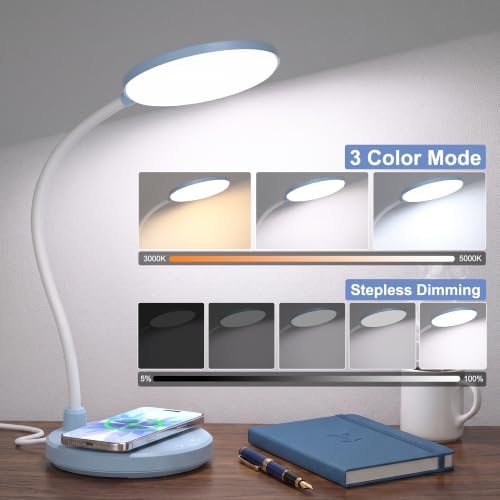 Blue Desk Lamp, Table Lamp with Wireless Charger, 800LM, CRI95+