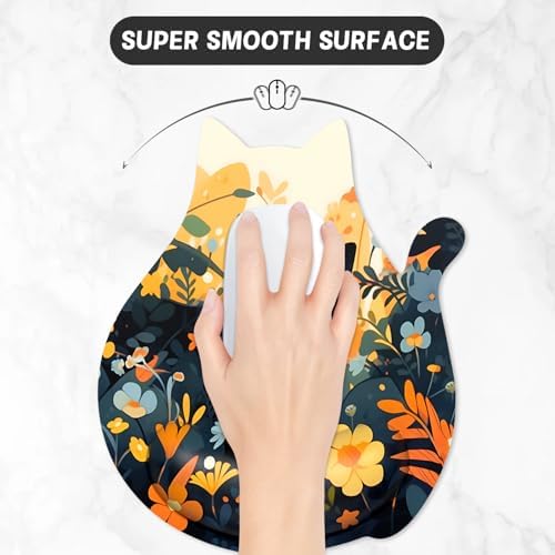 Ergonomic Mouse Pad with Wrist Rest, Cute Cat Memory Foam Padded Pain Relief Non-Slip Wrist Support Mouse Mat for Gaming Work Computer Laptop, Funny Office Supplies Desk Accessory, Cat Flower