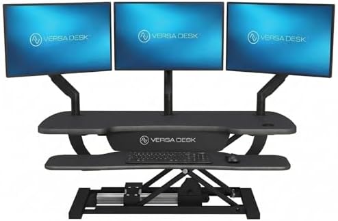 VERSADESK PowerPro 40 Inch Electric Standing Desk Converter – Push-Button Height Adjustable Sit to Stand Desk Riser for Triple Monitors & Laptop – Motorized Desktop Workstation with Wide Keyboard Tray
