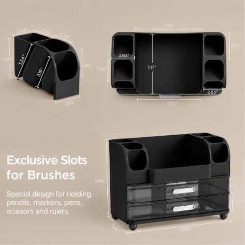 HBlife Desk Organizer with Pencil Pen Holder for Desk, Pen Organizer with 2 Drawers, Desk Organizers and Accessories with Compartments, Desktop Storage for Office, Home, School, Art Supplies, Black