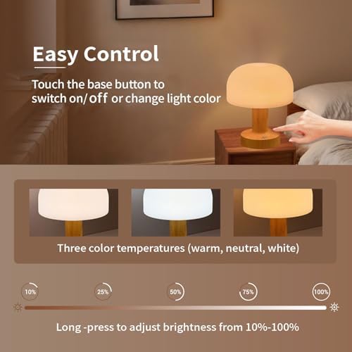 Mushroom Operated Table Lamp 3000mAh Cordless Rechargeable, Touch Dimmable Desk Lamp, LED Night Light for Patio Camping Restaurant Home, H7.3in, Wood Grain