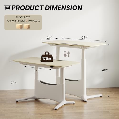 COLAMY Electric Adjustable Standing Desk – 48 x 28 Inch Sit Stand Desk with Drawer & Cable Management, Dual Motor Lift System, Ergonomic Footrest, Home Office Table (MFC Desktop, Light Maple + White)