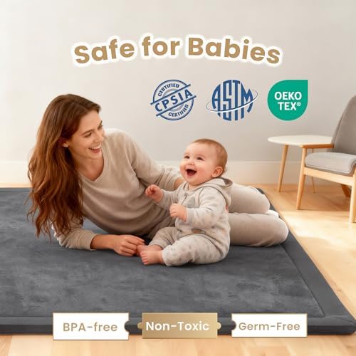 ACOMOPACK Baby Play Mat for Floor,1.3" Thick Elasti-Foam 59"×71" Non-Slip Water Repellent,Non-Toxic Playpen Mat for Infants Toddlers Kids, Ultra Soft Coral Velvet for Tummy Time Crawling（Dark Grey）
