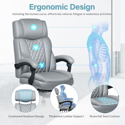 Executive Leather Office Chair, Big and Tall Office Chair with Footrest Home Office Desk Chairs, Ergonomic Computer Desk Chair with Lumbar Support, Reclining Desk Chair with Adjustable Angle