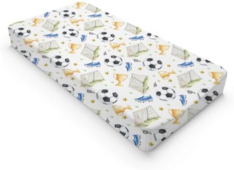 Watercolor Soccer Balls Shoes Stars Pattern Baby Changing Pad Cover, Unisex Sports Theme Nursery Diaper Changing Table Pad Mat Sheet for Boys Girls-16x32
