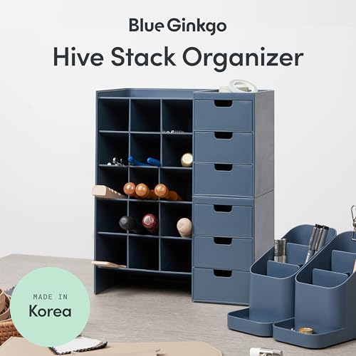 Blue Ginkgo Stackable Desk & Pen Organizer, Blue, Made in Korea