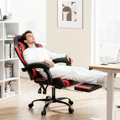 MoNiBloom Gaming Chair, with Footrest & Lumbar Support, Height Adjust, Red