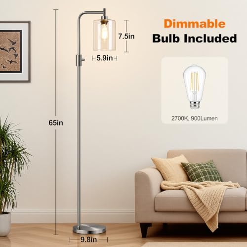 【Upgraded】 Dimmable Floor Lamp for Living Room with Glass Lampshade, Brushed Nickel Modern Glass Floor Lamp with 900LM LED Bulb Included, Standing Tall Lamp for Bedroom, Office, Reading Room, Corner