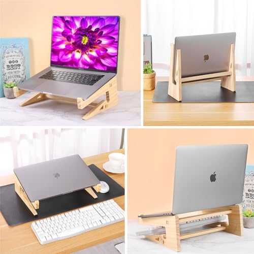 Wooden Laptop Stand for Desk, 2-in-1 Riser and Vertical Laptop Stand