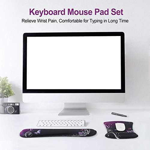 ToLuLu Keyboard Wrist Rest Pad Ergonomic Mouse Pad Set, Mouse Pad for Computer Laptop, Non Slip Mousepad Keyboard Wrist Support with Raised Memory Foam for Easy Typing Pain Relief, Purple Butterfly