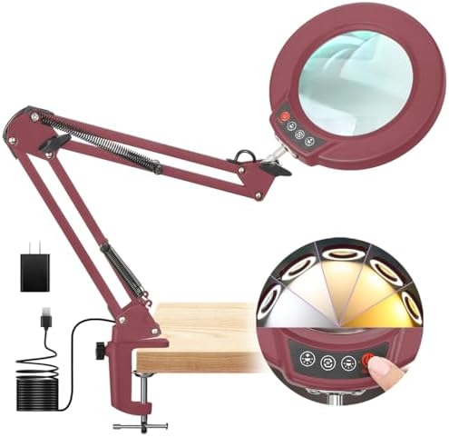 12X Magnifying Glass with Light and Clamp, Real Glass Lens Lighted Magnifier with Stand, 5 Color Modes LED Dimmable Magnifying Desk Lamp Hands Free for Crafts Painting Sewing Close Work - Red