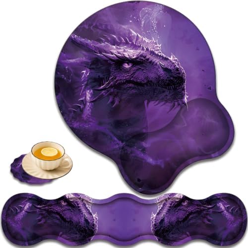 Ergonomic Keyboard Wrist Rest & Mouse Wrist Support Set with Lace Coaster, Gel Memory Foam Anti-Slip Base, Pain Relief for Typing, Purple Dragon