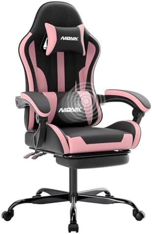 Gaming Chair, Ergonomic Computer Chair with Footrest and Lumbar Support, Height Adjustable Game Chair with 360°-Swivel Seat and Headrest and for Office or Gaming Blackpink