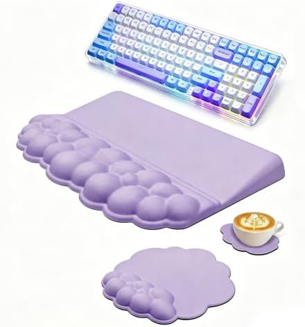 Cloud Keyboard Wrist Rest Set, 3 in 1 Ergonomic Memory Foam Keyboard Stand Pad with Mouse Wrist Support & Cup Holder, Anti-Slip Desk Cushion for Office Gaming Typing Pain Relief, Purple
