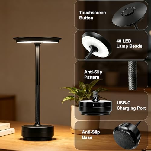 LED Cordless Table Lamp Rechargeable Battery Outdoor Light Black