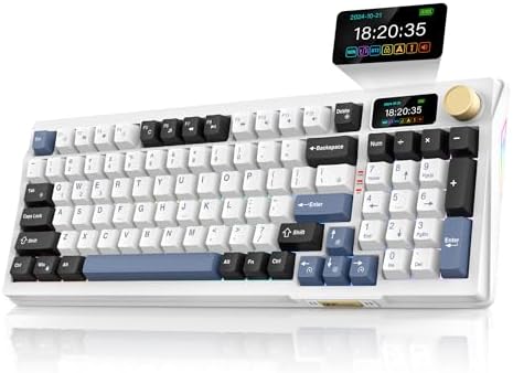 RedThunder K95 Wireless Mechanical Keyboard, TFT Screen & Knob, Tri-Mode BT5.0/2.4GHz/USB-C Hot Swappable Custom, Pre-lubed Linear Switches, Gasket Structure, RGB Gaming Keyboard, Snowy White-Blue