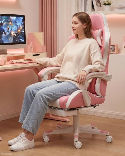 LUCKRACER Gaming Chair with Pocket Spring Cushion and Footrest, PU Leather 90°-155° Reclining Computer Chair, 4.5" Height Adjustment, Ergonomic Office Chair with Lumbar Support, Pink