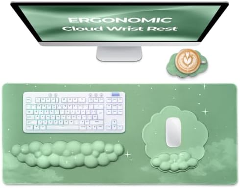 TheTrulyCharter- Cloud Wrist Rest Keyboard, Mouse Pad, Wrist Rest for Computer Keyboard, Cloud Drink Coaster and Simple Mouse Pad. (Sage-Star- Sky)