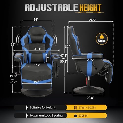 Massage Gaming Recliner Chair with Cup Holder & Side Pockets – Ergonomic PU Leather Video Gaming Chair with Footrest, Manual Recline, Headrest & Lumbar Support for Office or Game Room (Blue)