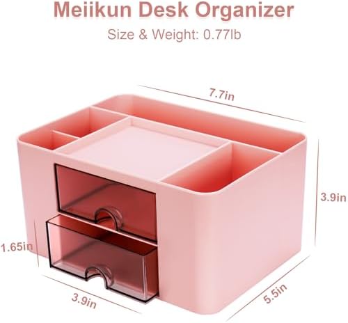Meiikun Plastic Pen Organizer, Multifunctional Desk Organizer with 2 Drawers, 4 Compartments & a Top Tray, Pencil Holder Desktop Organizers and Accessories for Office, 7.7" x 5.5" x 3.9" (Pink)