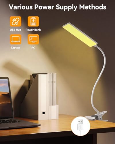 Eye-Caring Adjustable LED Reading Clamp Desk Lamp with 48 LEDs Flexible Neck, 3 Color Modes & 11 Brightness Levels for Office Bedroom Study (White)
