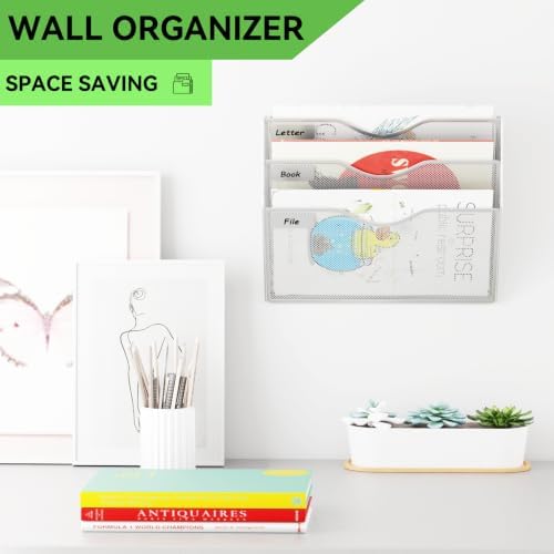 3 Pockets Hanging Wall File Organizer Mail Holder, Wall Mounted Paper Document Folder Holder, Clipboard Storage Organization Magazine Rack, Silver