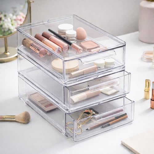 BINO | Clear Stackable Storage Drawers, Small - 3 Pack | Clear Storage Drawers with Built-In Handles | Durable Plastic Organizer Drawer | Modular Stackable Drawer Acrylic Organizer