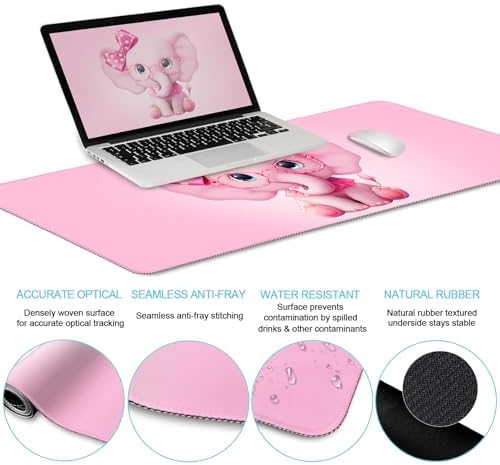 LIMKRIAN Elephant Mouse Pad Large Desk Mat Set, Kawaii Pink Desk Decor