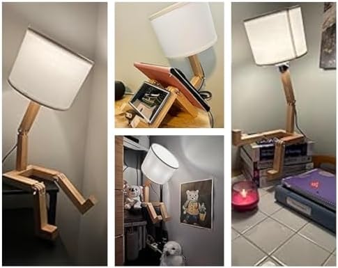 Robot Desk Lamp Set of 2, Creative Bedside Lamp for Bedroom,Wooden Lamp Body Adjustable,DIY E26 Living Room Table Lamps with Fabric Shade,Modern Indoor Decorative Lighting, TB-QBT005-WHM2