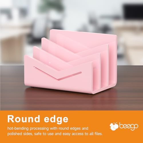 Beego Envelope and Mail Organizer Countertop - 3 Compartments Pink Acrylic Desk Organizer Letter Holder Desktop File Sorter Bill Document Folder Rack for Office, Home, School Desk Organization