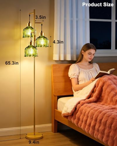 Lightdot Green Glass Floor Lamp Dimmable with LED Bulbs & Flower Shade