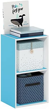 Furinno PASIR Book Shelf, 2-Tier Modern Bookshelf, Open Shelves Bookcase 9 x 12 x 21, Easy Assembly, for Living Room, Bedroom, Home Office, Light Blue/White
