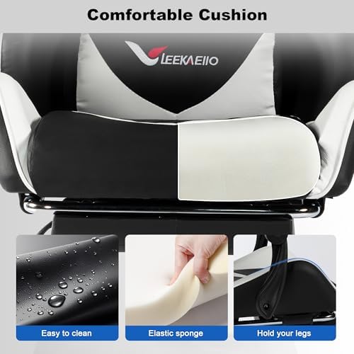 Gaming Chair for Adults, Ergonomic Computer Gaming Chair with Footrest & Lumbar Support, Height Adjustable 360° Swivel Reclining Home Office Desk Chair (Black & White)