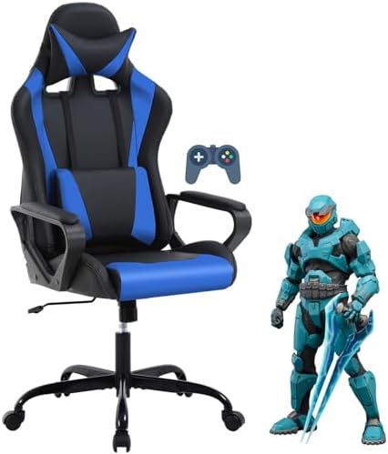 Ergonomic Gaming Chair, High Back PU Leather Office Chair with Adjustable Lumbar Support & Headrest – Swivel Computer Desk Chair for Adults, Teens, Kids – Heavy Duty Executive Red Game Chair - Blue