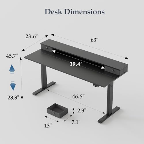 Klicelor 63 x24 Inch Electric Standing Desk with Drawers, Adjustable Height Small Sit Stand Desk for Home Office, Compact Computer Workstation with Storage– Black