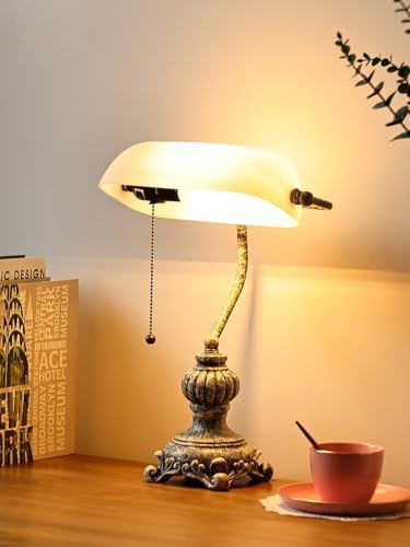 Retro White Matted Glass Bankers Desk Lamp,LED Bulb Included