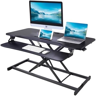 Rocelco 43" Height Adjustable Standing Desk Converter with Anti Fatigue Floor Mat - Tall Stand Up Tabletop Riser and Tablet Slot - Computer Workstation - Deep Keyboard Tray - Black (R VADRB-43-MAFM)