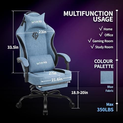 Gaming Chairs for Adults with Footrest Fabric Computer Ergonomic Video Game Chair-Backrest and Seat Height Adjustable Swivel Task Chair with Headrest and Lumbar Support(Blue)