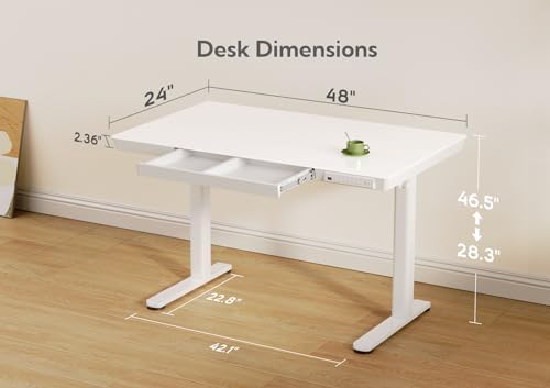 Claiks Glass Standing Desk with Drawers & USB Ports 48x24 Inch, White