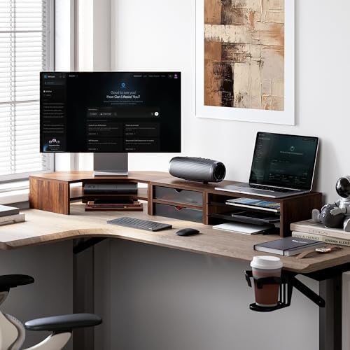 Fenge Dual Monitor Stand, Corner Desk Shelf with Drawer & Slide-Out Tray