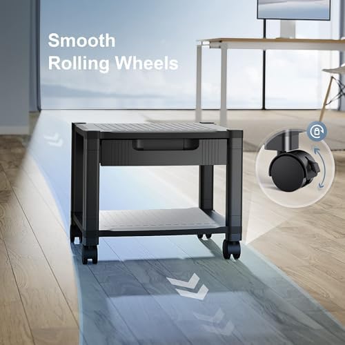 HUANUO Printer Stand with Cable Management and Storage Drawer, Printer Table with Locking Wheels, 14.1-inch Maximum Height Printer Cart for Under Desk, Home, Office, HNDPS