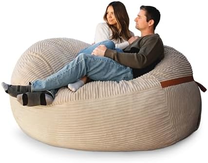 Big Joe Fuf 7Ft Giant Foam Bean Bag Chair, Oversized Couch with Removable Cover for Kids, Teens, Adults, Vanilla Latte Corded Plush, 7 Foot