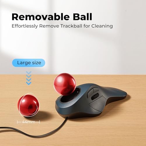 Wired Ergonomic Trackball Mouse for Large Hands, 44mm Index Finger Control