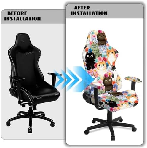 Cats Floral Print Gaming Chair Cover Stretchable 4 Piece Furniture Protector Non Slip Breathable Gaming Chair Slipcover with Armrest Covers