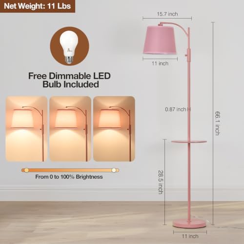 AIDENOEY Pink Floor Lamp with Table, Dimmable Standing Lamp, Living Room