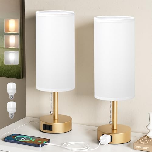 Gold Bedside Table Lamps Set of 2 - Bedroom Lamp for Desk, AC Outlet