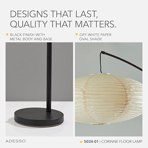 Adesso Floor Lamp, Black & Off-White Paper, Overhead Light, 80”