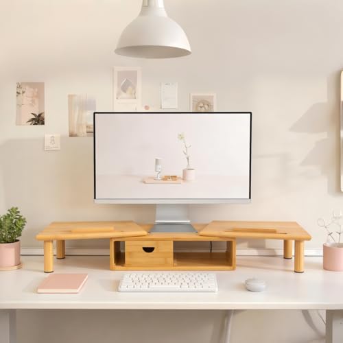 Dual Monitor Stand Riser with Drawer for Desk Laptop
